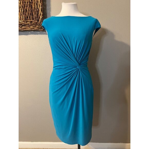 Ralph Lauren Dress 8 Stretch Sheath Blue Green Washable Knot Career Church - Picture 2 of 12